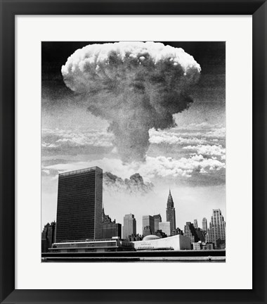 Framed 1950s 1960s Mushroom Cloud Over United Nations Building Print