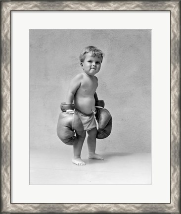 Framed 1930s Baby Boy Toddler Wearing  Boxing Gloves Print