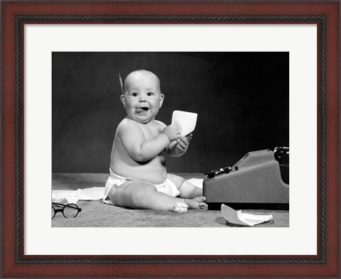 Framed 1960s Eager Baby Accountant Working At Adding Machine Print