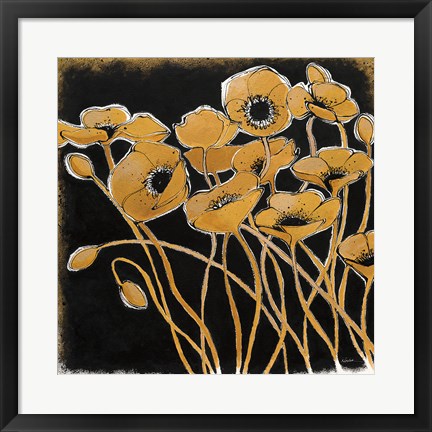 Framed Gold Black Line Poppies I Print
