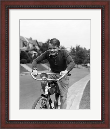 Framed 1930s Smiling Boy Riding Bicycle Print