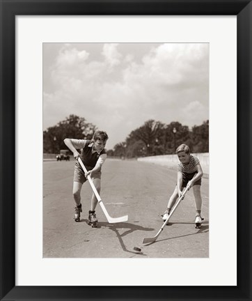 Framed 1930s 1940s 2 Boys With Sticks And Puck Print