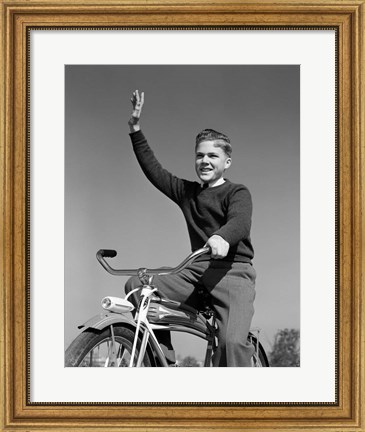 Framed 1940s 1950s Smiling Boy Riding Bike Waving Print