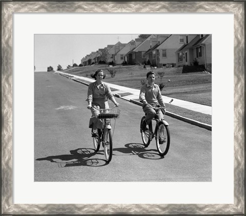 Framed 1950s Teen Boy Girl Couple Riding Bikes Print