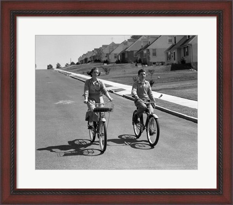 Framed 1950s Teen Boy Girl Couple Riding Bikes Print