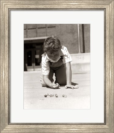 Framed 1950s Smiling Boy On School Yard Ground Playing Print