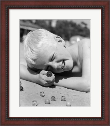 Framed 1950s Boy Crouching Shooting Marbles Print