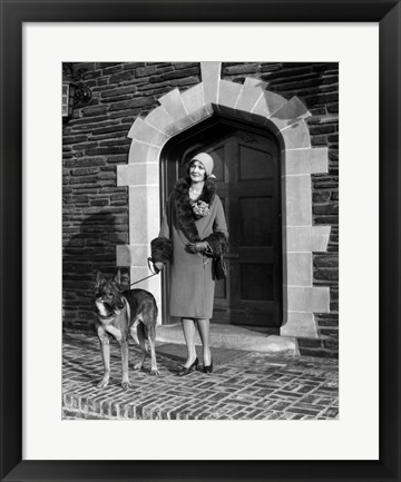 Framed 1920s Woman Wearing Fur Coat With German Shepherd Dog Print