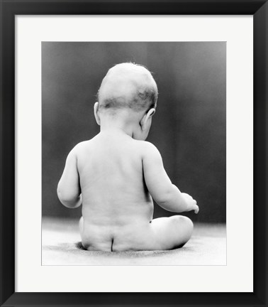 Framed 1930s Naked Baby Sitting On Bare Bottom Behind Print