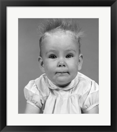 Framed 1960s Head On Portrait Of Baby Girl In Ruffled Dress Print