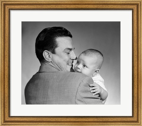 Framed 1950s Proud Smiling Father Holding Baby Face To Camera Print