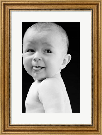 Framed 1940s 1950s Baby Smiling Sticking Out Tongue Print