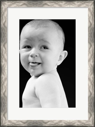 Framed 1940s 1950s Baby Smiling Sticking Out Tongue Print