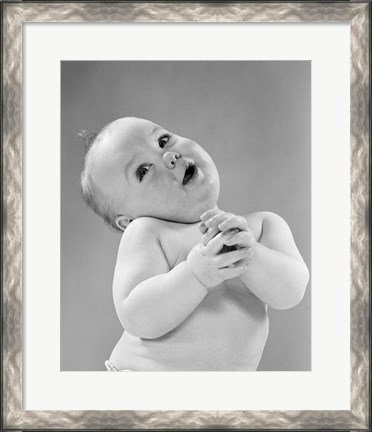 Framed 1950s Baby In Diaper Head To One Side Arms Hands Clasped In Front Print