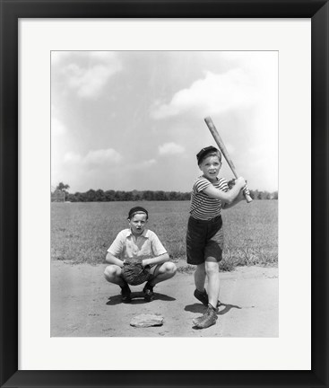 Framed 1930s Two Boys Batter And Catcher Playing Baseball Print