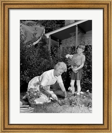 Framed 1960s Boy Helping Grandmother Plant Flowers Print