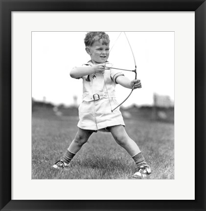 Framed 1930s Boy Outdoors Aiming Toy Bow And Arrow Archery Print