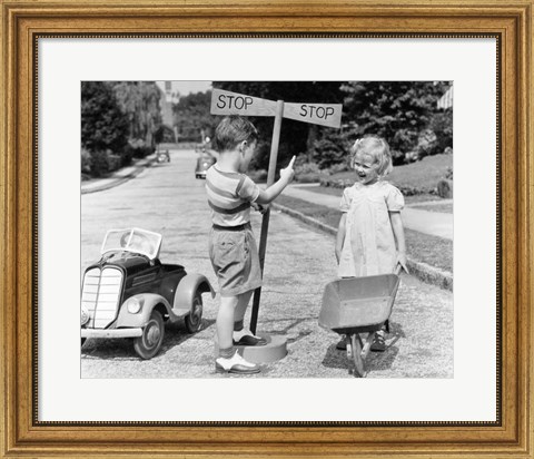 Framed 1930s 1940s Boy Playing Traffic Cop Print