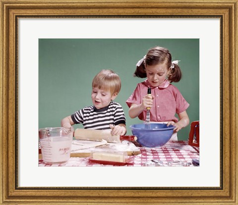 Framed 1960s  Boy And Girl Mixing Ingredients For Cookies Print