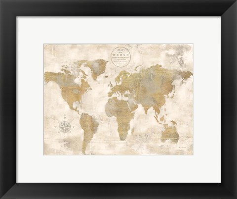 Framed Rustic World Map Cream No Words Print