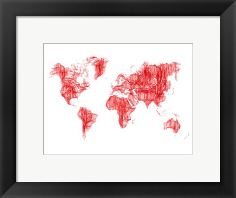Framed World Map Red Drawing Print