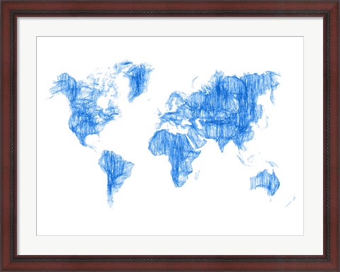 Framed World Map Blue Drawing Print