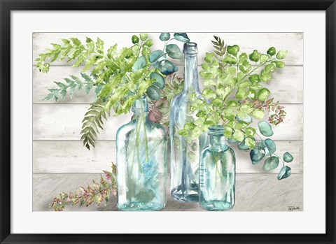 Framed Vintage Bottles and Ferns Landscape Print
