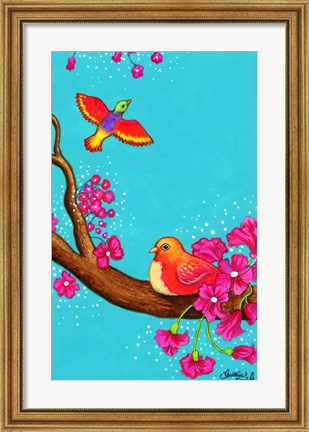 Framed Pink Flower Birds Print