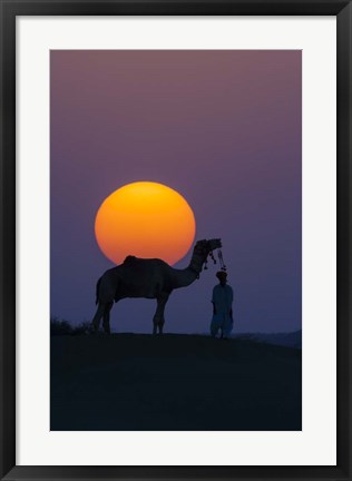 Framed Camel and Person at Sunset, Thar Desert, Rajasthan, India Print