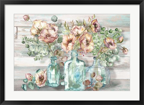 Framed Blush Poppies and Eucalyptus in bottles landscape Print