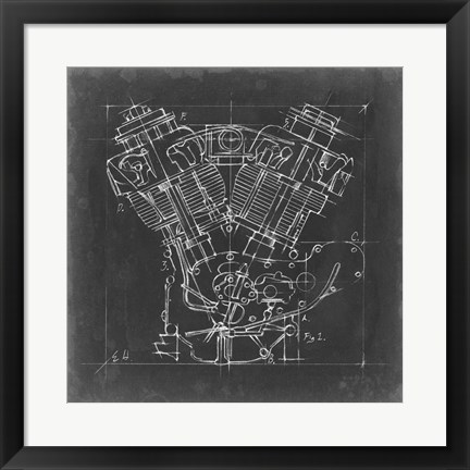 Framed Motorcycle Engine Blueprint I Print