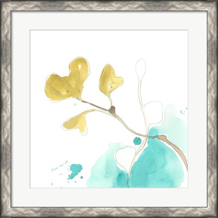 Framed Teal and Ochre Ginko V Print