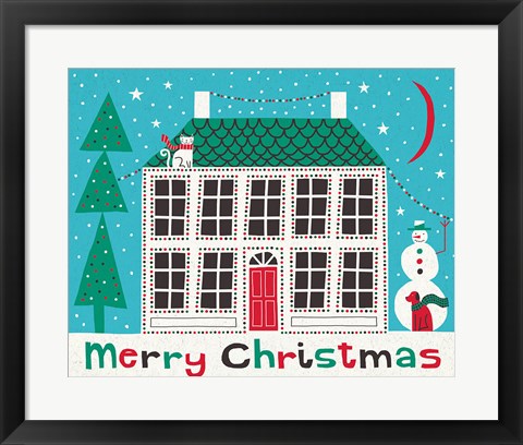 Framed Jolly Holiday Home on Blue Merry Christmas Print