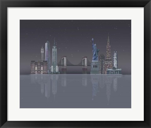 Framed New York Skyline Night Reflections Print