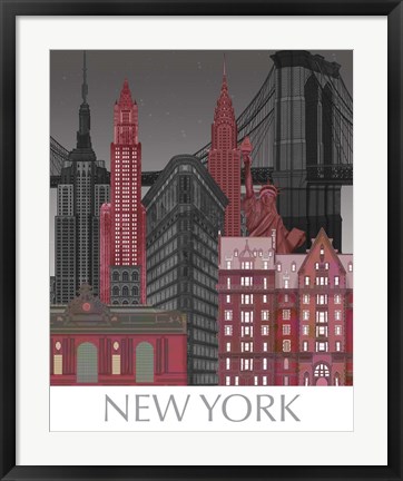 Framed New York Elevations by Night Red Print