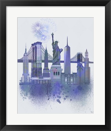 Framed New York Skyline Watercolour Splash Blue Print