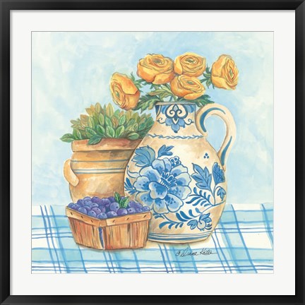 Framed Blue and White Pottery with Flowers II Print