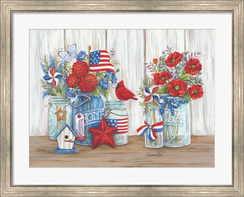 Framed Patriotic Glass Jars with Flowers Print