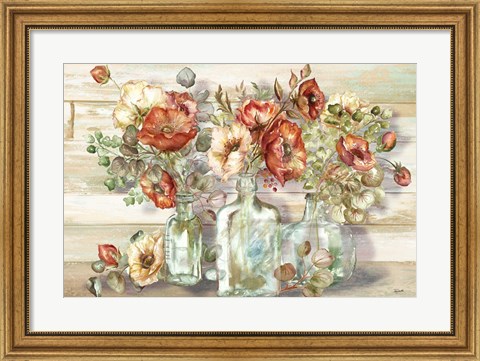 Framed Spice Poppies and Eucalyptus in bottles Landscape Print