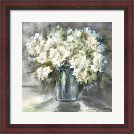 Framed White and Taupe Hydrangeas Sill Life Print