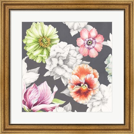 Framed Floral Sketch on Grey Print