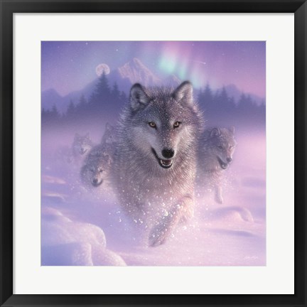 Framed Running Wolves - Northern Lights - Square Print