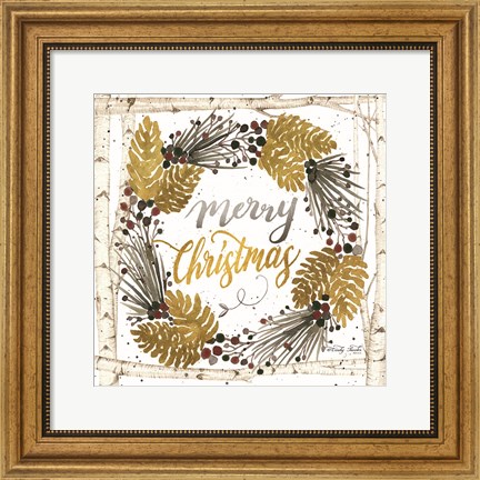 Framed Merry Christmas Birch Wreath with Berries Print