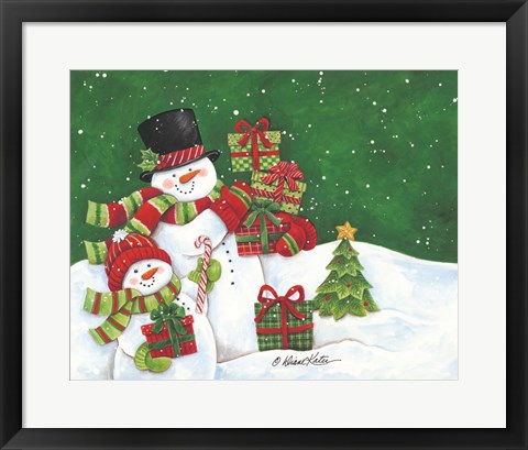 Framed Father and Son Merry Christmas Snowmen Print