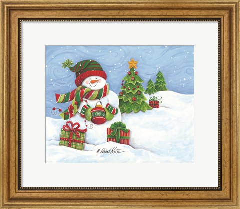 Framed Snowman with Ornament Print