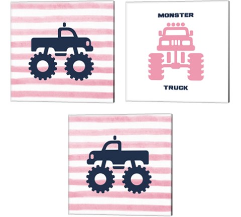 Monster Truck Graphic Pink 3 Piece Canvas Print Set by Color Me Happy