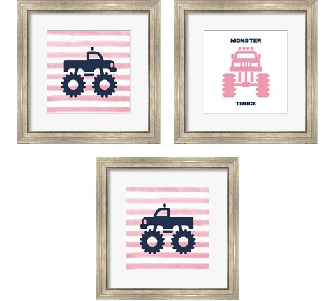 Monster Truck Graphic Pink 3 Piece Framed Art Print Set by Color Me Happy