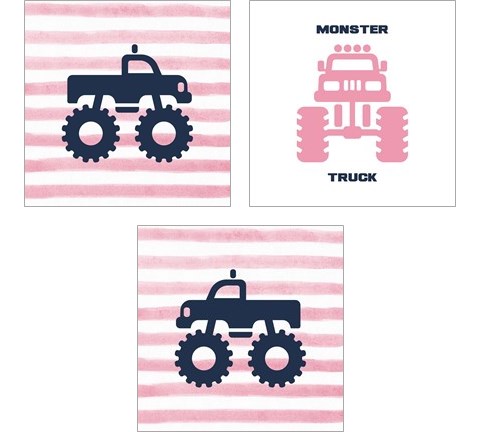 Monster Truck Graphic Pink 3 Piece Art Print Set by Color Me Happy