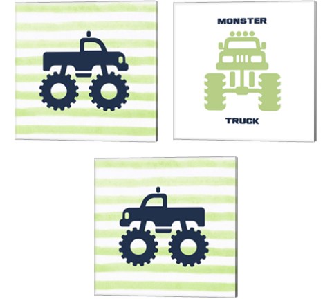 Monster Truck Graphic Green 3 Piece Canvas Print Set by Color Me Happy