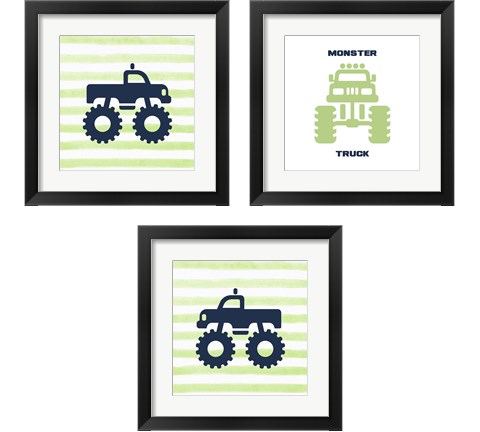 Monster Truck Graphic Green 3 Piece Framed Art Print Set by Color Me Happy